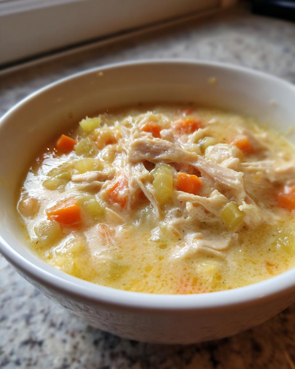 Close-up of a white bowl filled with rich, creamy cream of chicken soup featuring shredded chicken, carrots, and celery.