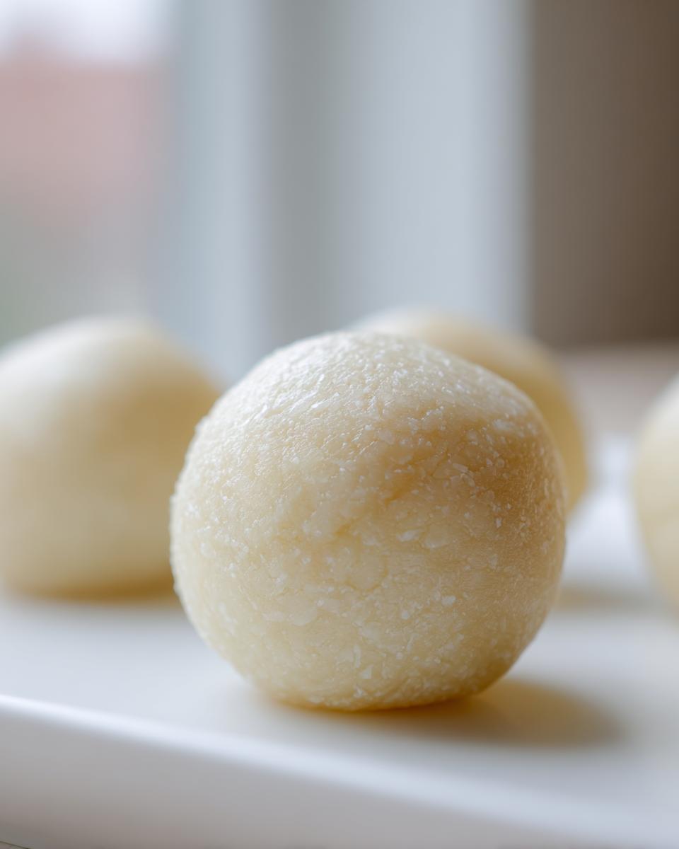 Close-up of a freshly rolled ball of homemade marzipan recipe dough on a white surface.