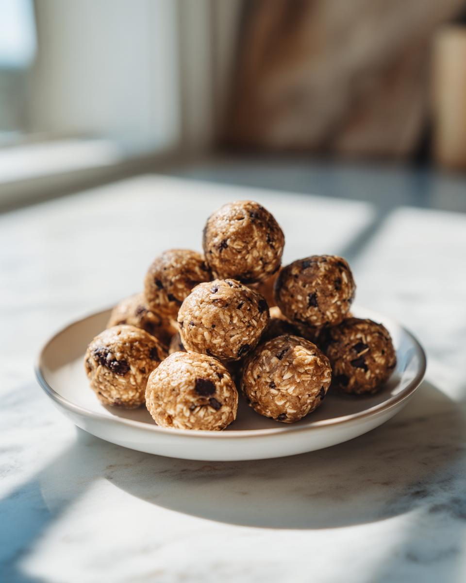 A stack of homemade protein balls made with oats and chocolate chips, served on a small white plate.