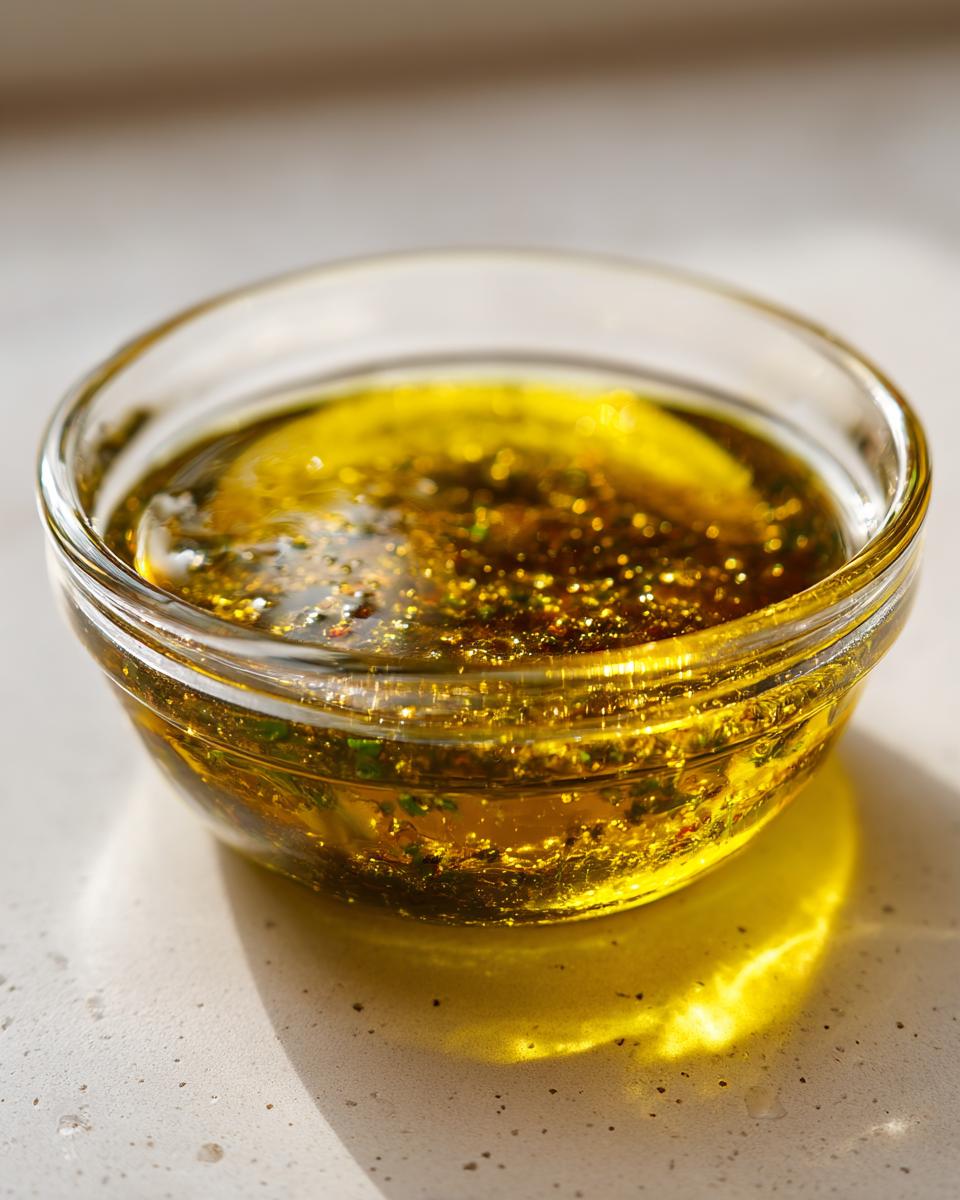 Close-up of vibrant yellow homemade salad dressing with herbs and spices settled in a small clear bowl.