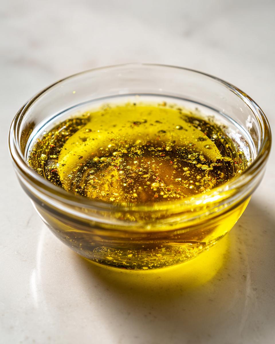 Close-up of homemade salad dressing showing oil and vinegar separating in a small clear glass bowl.