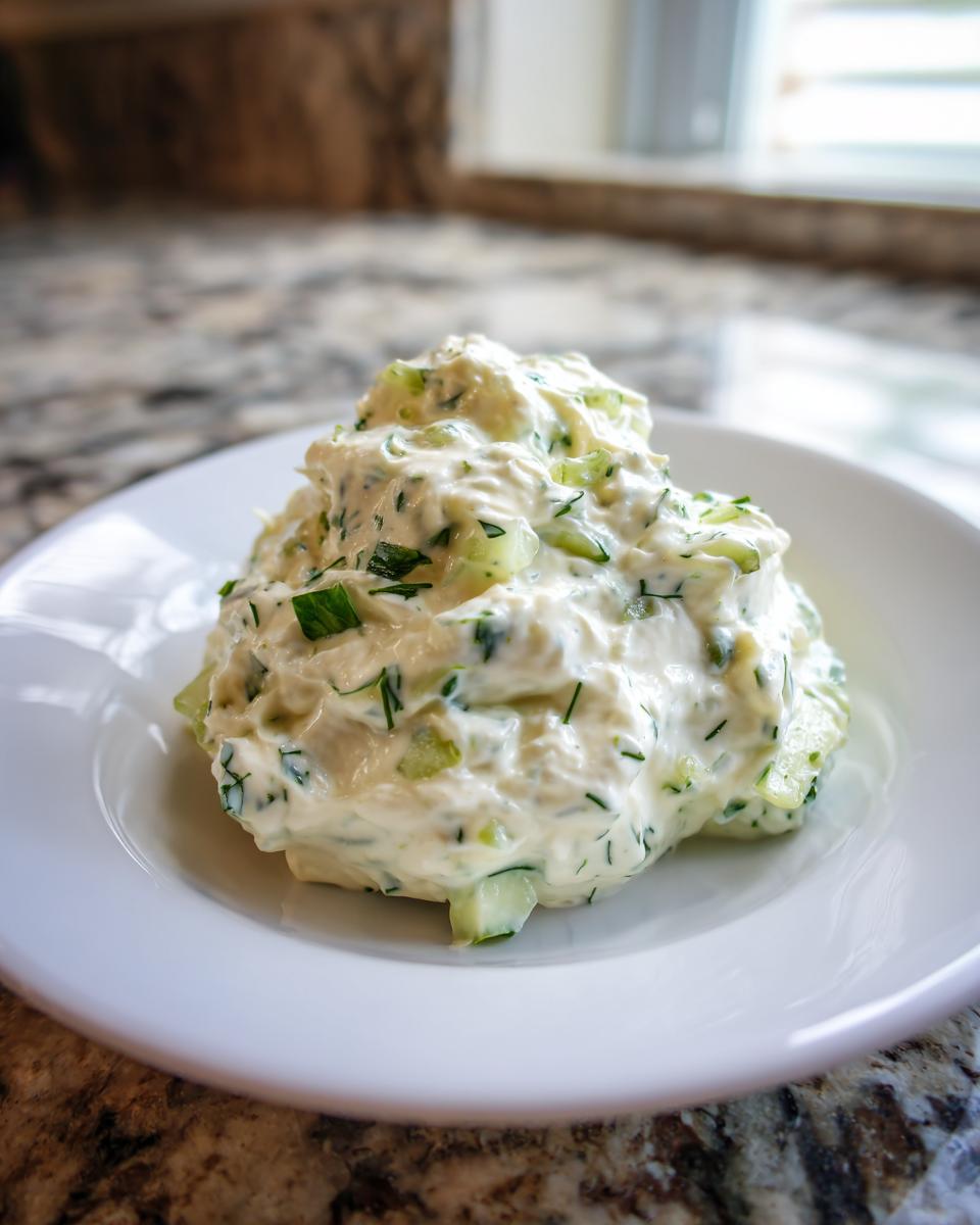 A dollop of creamy, chunky tartar sauce recipe with visible pieces of cucumber and herbs on a small white plate.