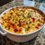 A close-up of hot mexican street corn dip baked in a white dish with a bubbly, golden-brown cheese crust and fresh chives.
