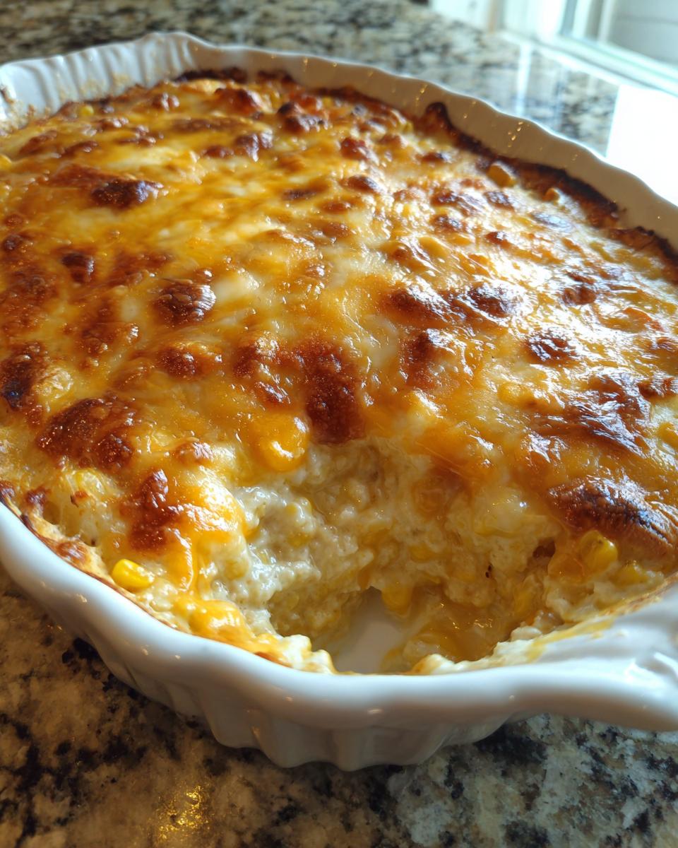Close-up of a baked Mexican street corn dip in a white casserole dish, showing melted, browned cheese over creamy corn filling.