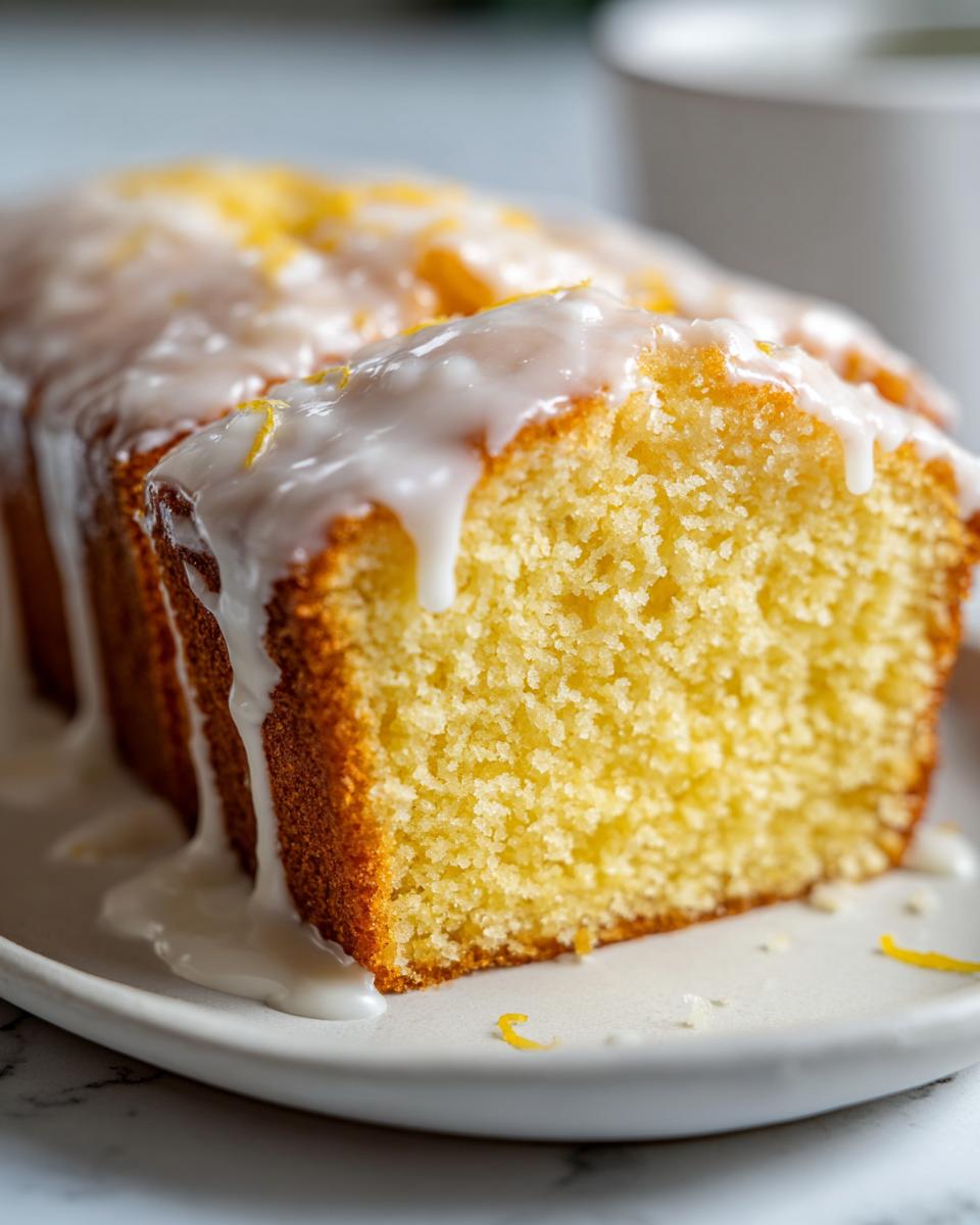 A close-up view of a moist slice of lemon pound cake topped with thick white glaze and lemon zest.