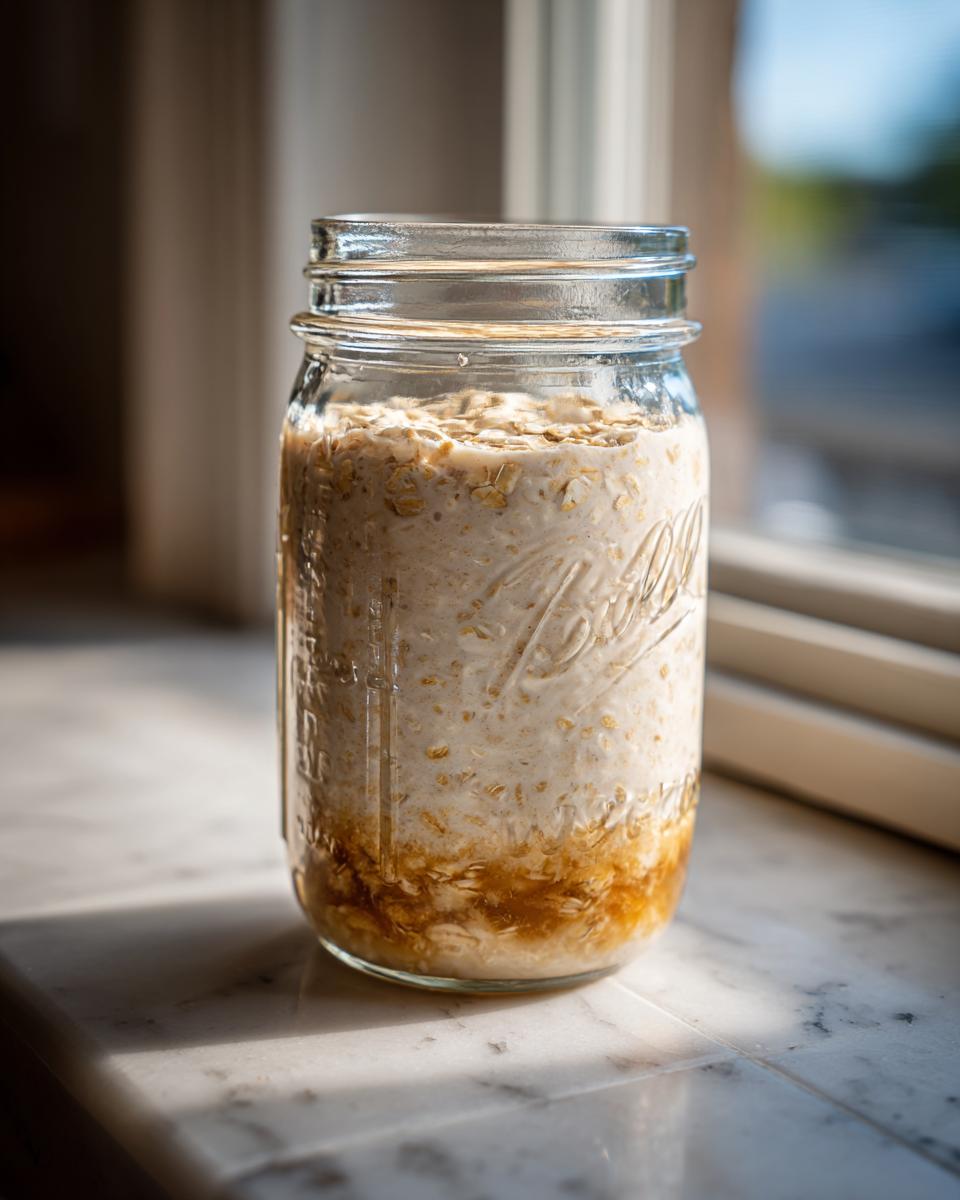 A glass mason jar filled with creamy overnight oats, showing a layer of brown sugar or caramel at the bottom.