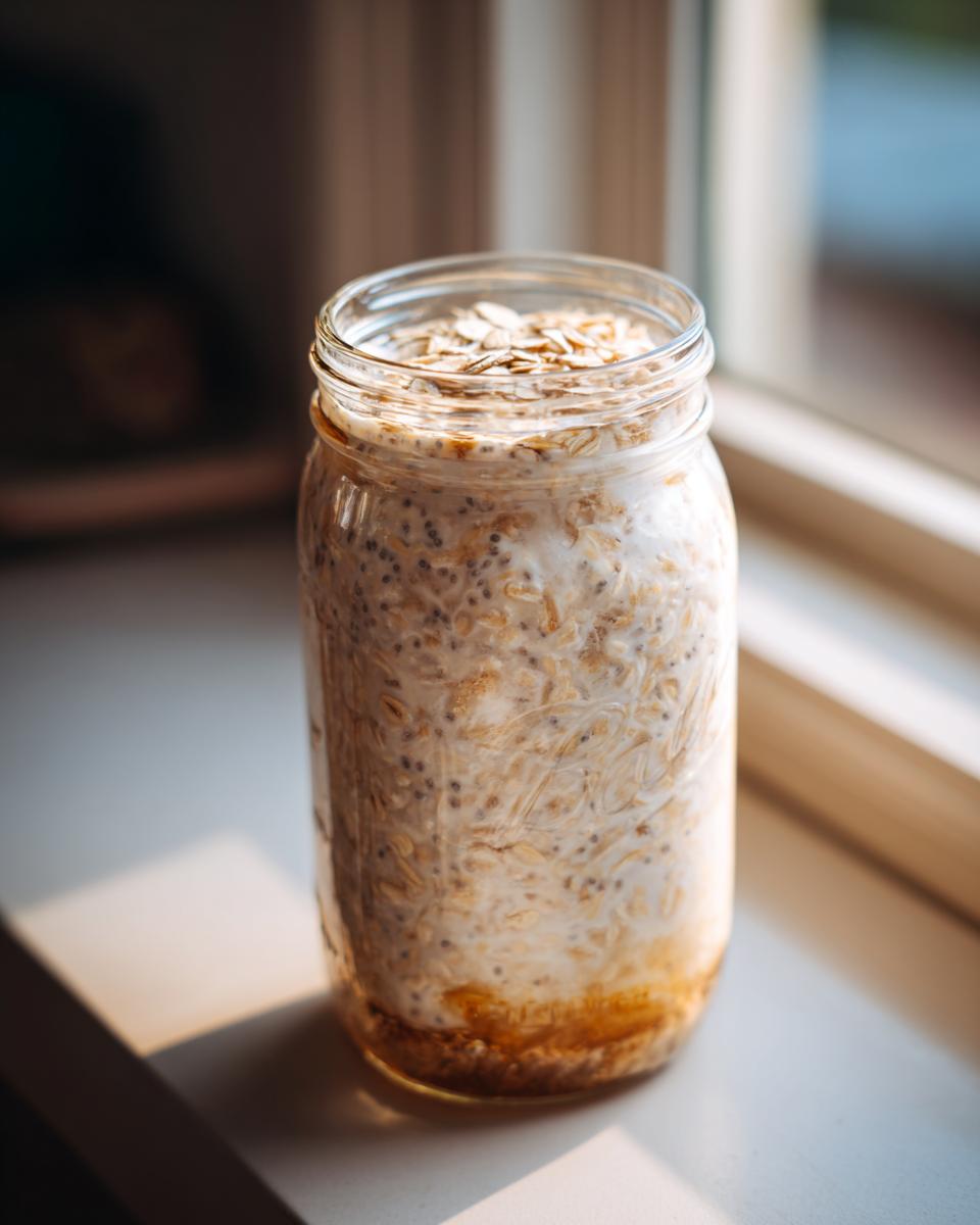 A glass jar filled with creamy overnight oats, chia seeds, and topped with rolled oats, sitting on a bright windowsill.