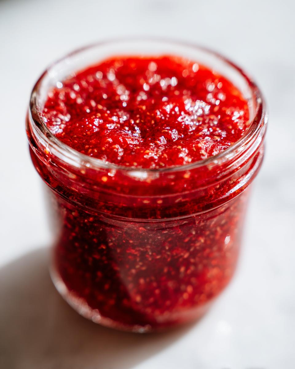 Close-up of a glass jar filled with vibrant, textured strawberry freezer jam, showing visible seeds.