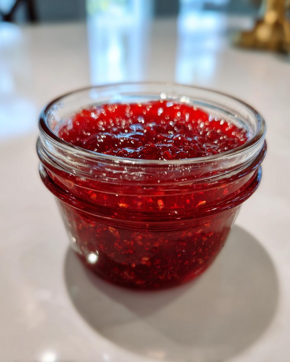Close-up of a small glass jar filled with bright red strawberry freezer jam, showing visible fruit pieces.