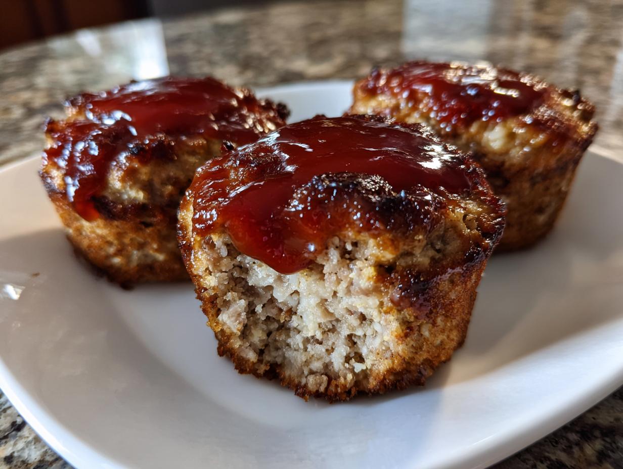 Three individual mini meatloaf portions topped with a shiny ketchup glaze, one cut open.