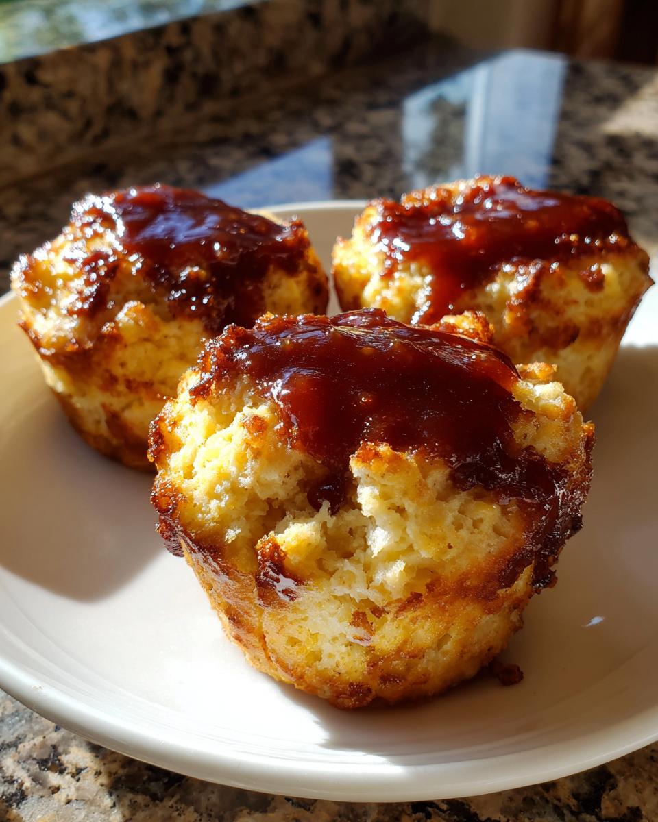 Three golden brown mini meatloaf portions topped with a thick, glossy brown glaze, served on a white plate.