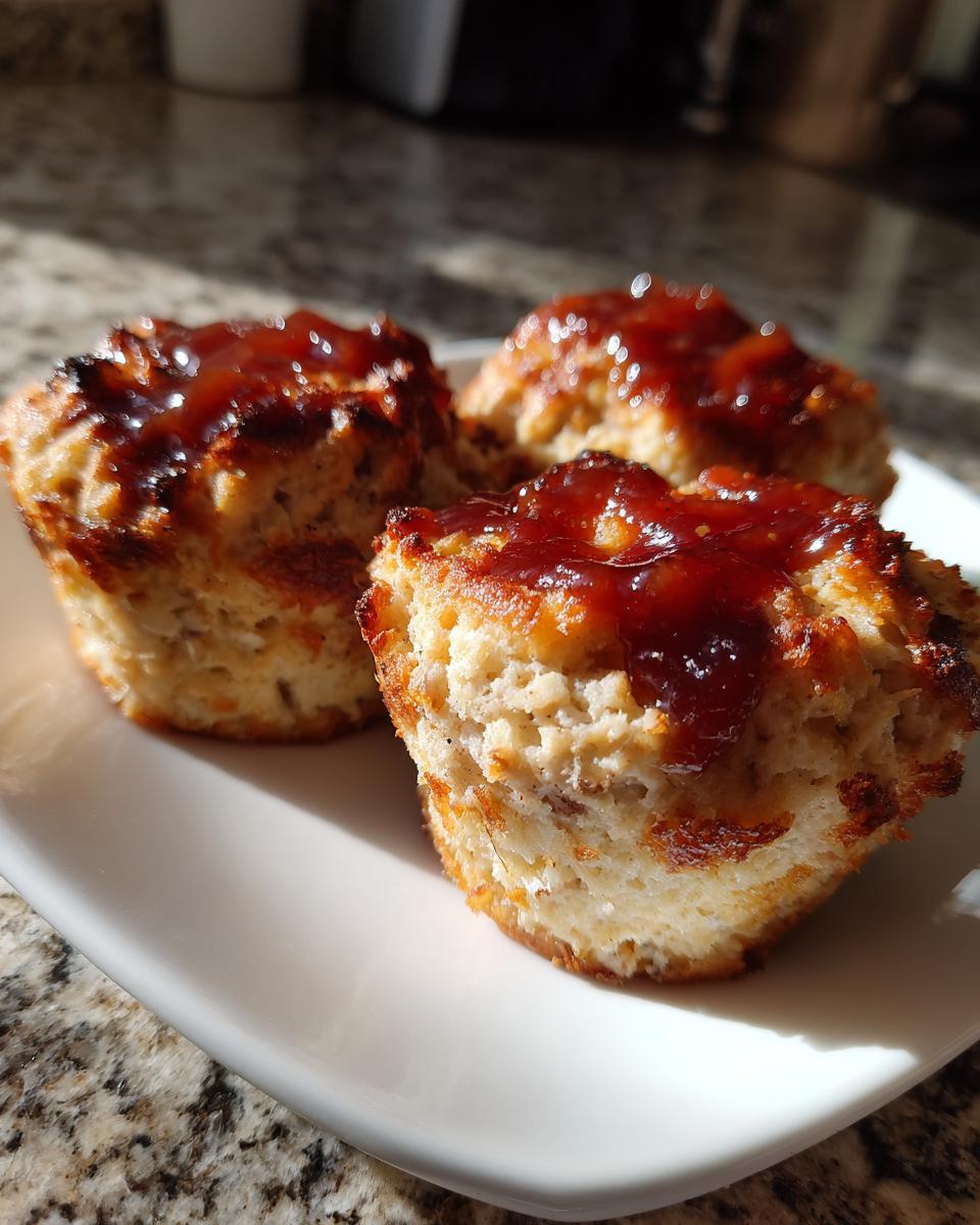 Three individual mini meatloaf portions topped with a shiny red glaze, served on a white plate.