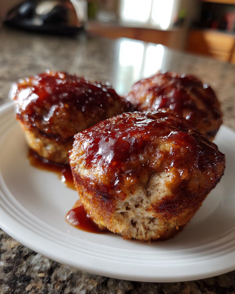 Close-up of three juicy mini meatloaf portions topped with a thick, shiny brown glaze, served on a white plate.