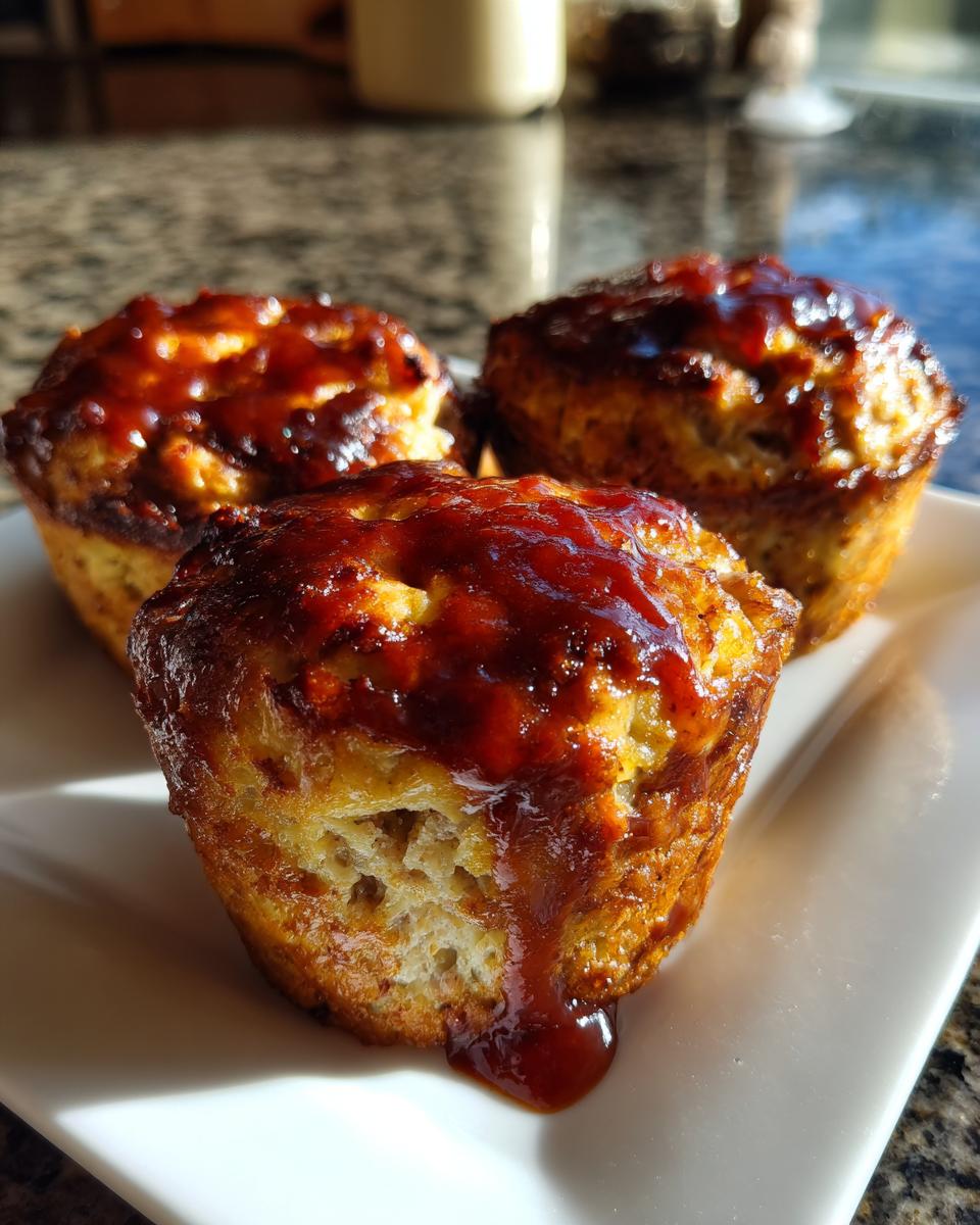 Three perfectly portioned mini meatloaf muffins topped with a thick, shiny barbecue glaze, served on a white plate.