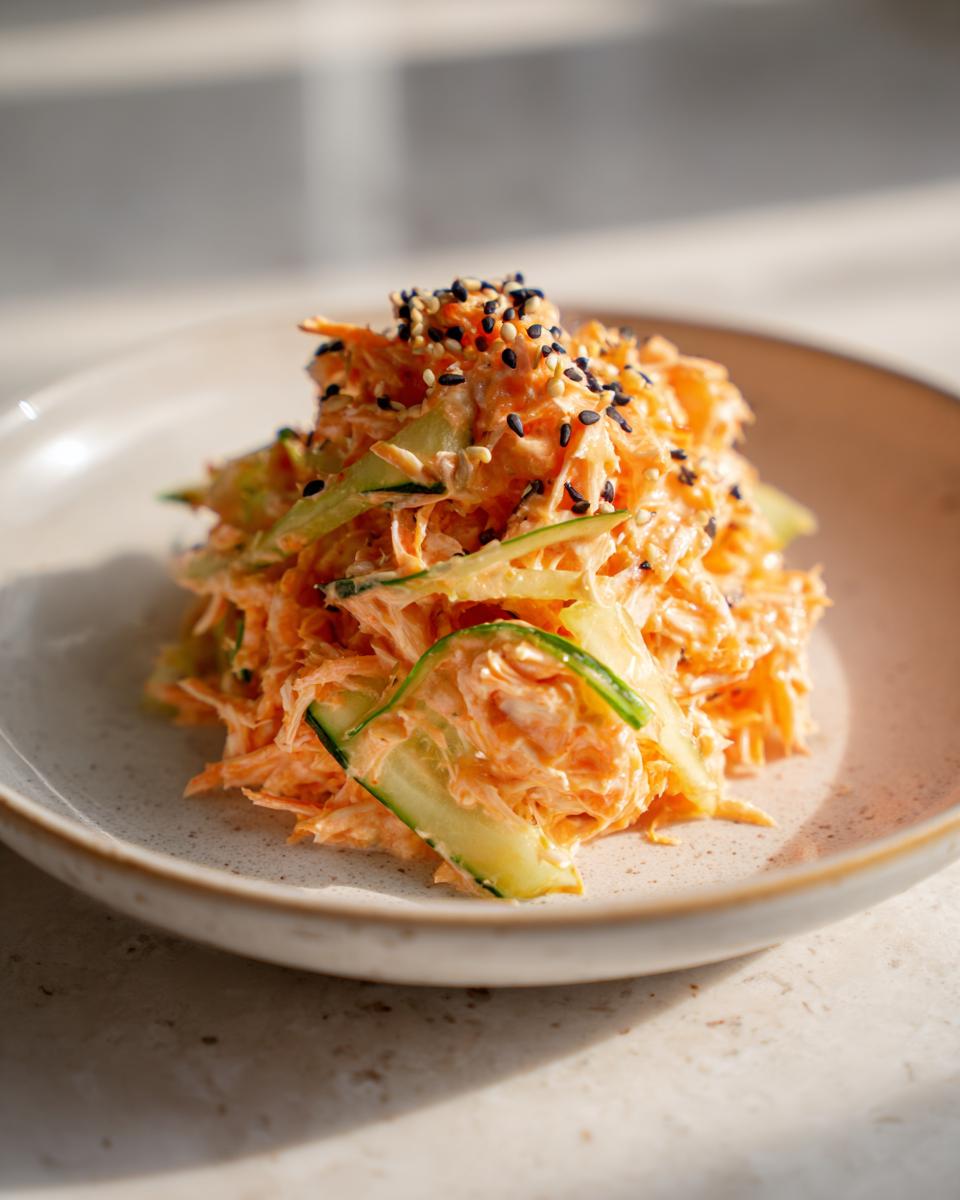 A small mound of creamy, shredded kani salad mixed with cucumber ribbons and topped with black and white sesame seeds.