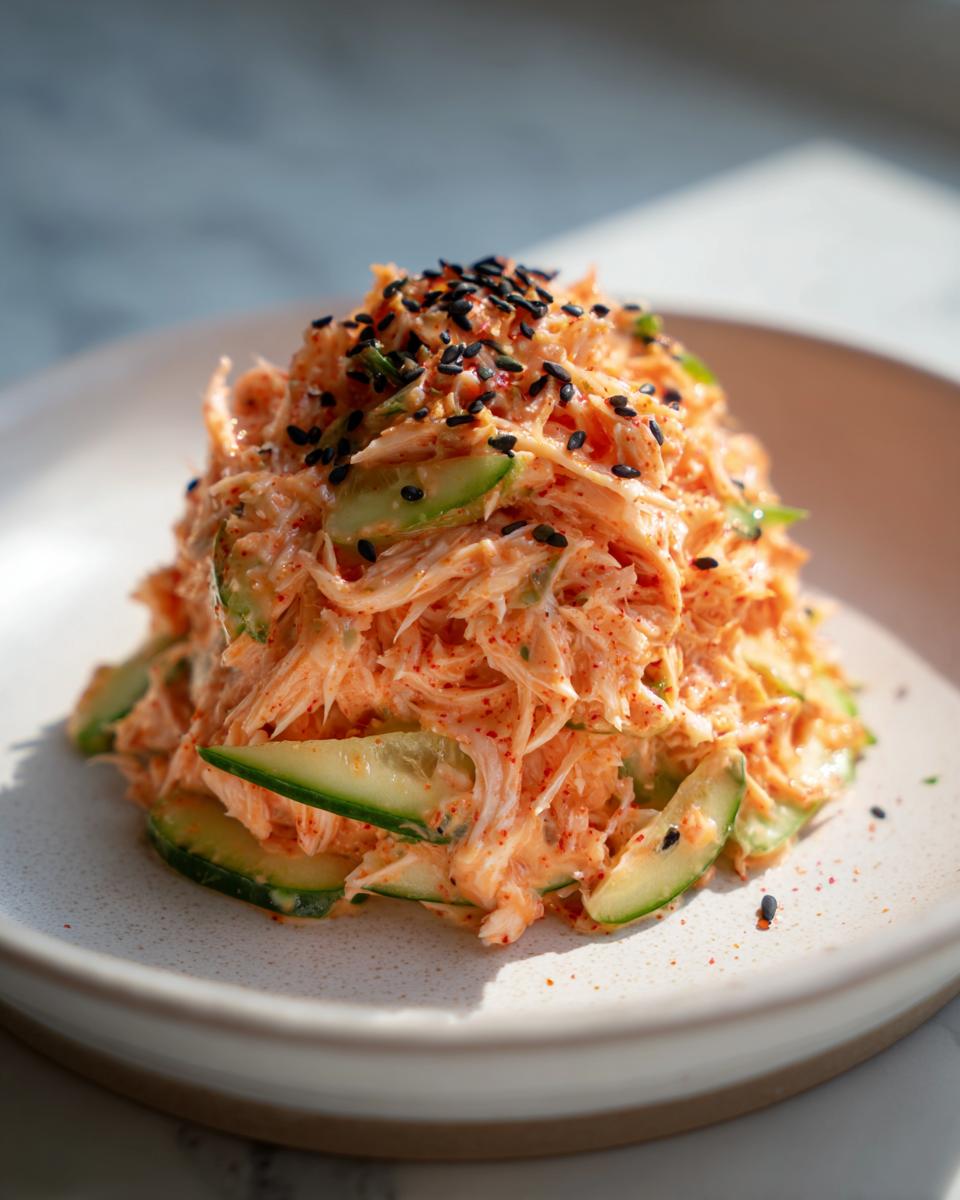 A mound of creamy, shredded kani salad mixed with cucumber slices and topped generously with black sesame seeds.