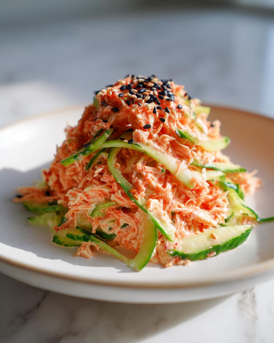 A mound of creamy, shredded kani salad mixed with thin cucumber ribbons, topped with black sesame seeds.