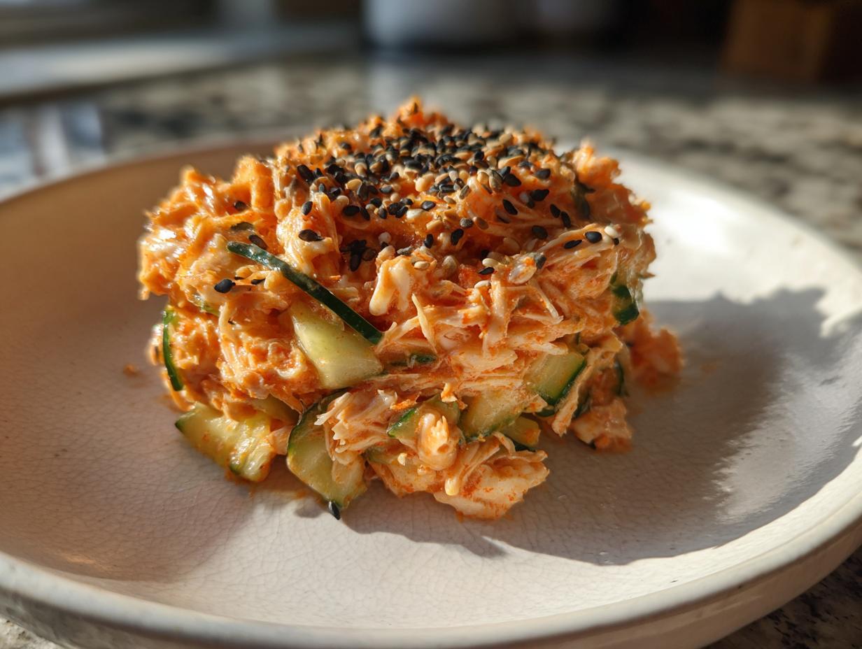 A mound of creamy, orange-tinted kani salad mixed with cucumber slices and topped with black sesame seeds.