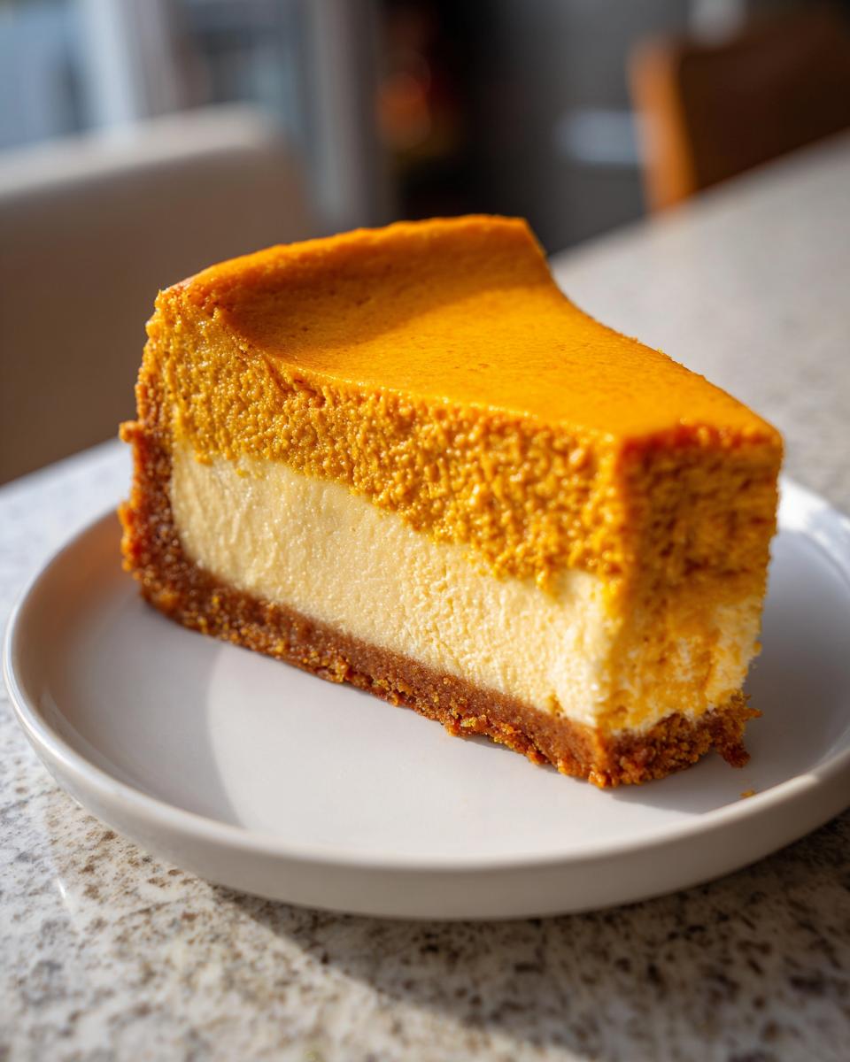 A perfect slice of keto pumpkin cheesecake showing a creamy white layer and a vibrant orange pumpkin top layer.