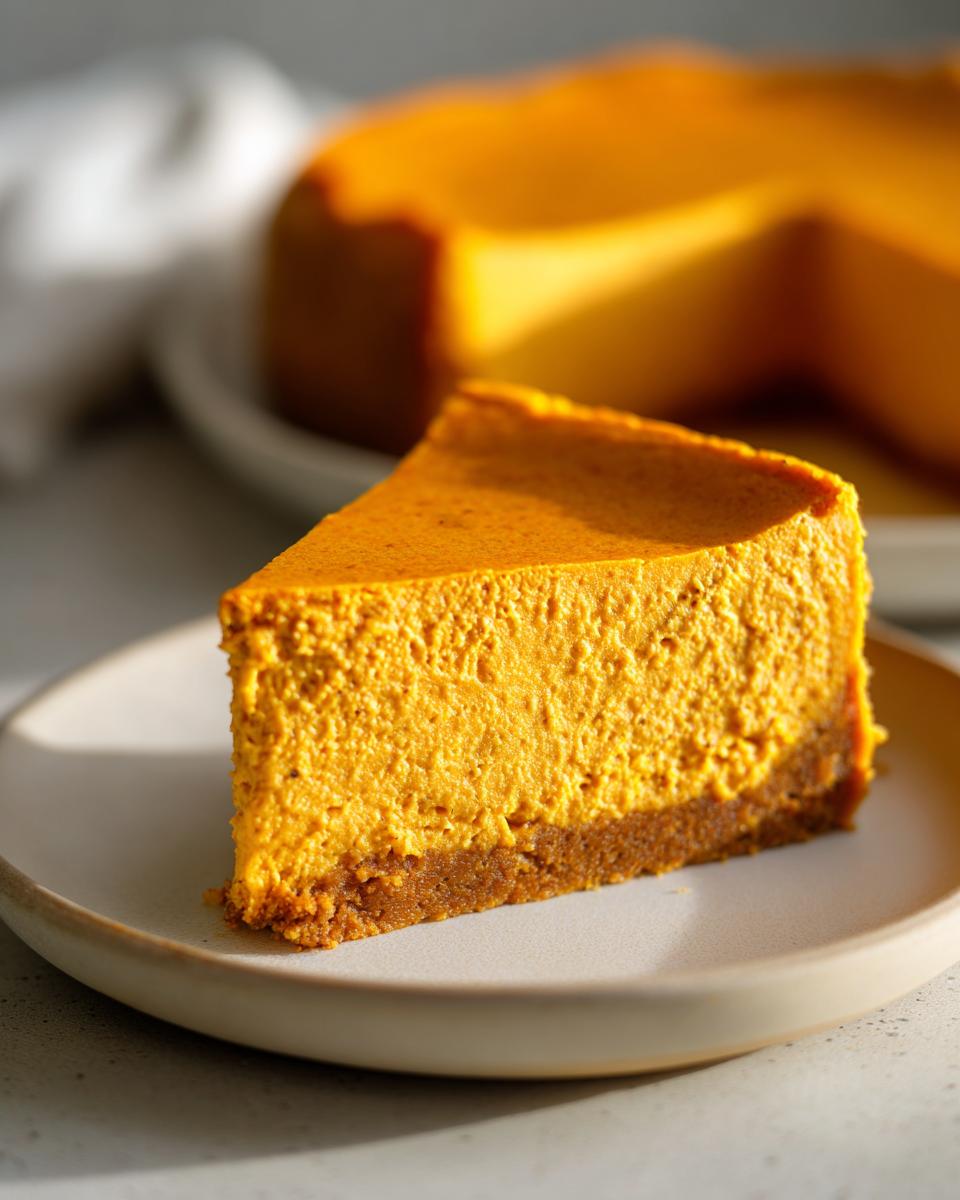 A close-up slice of rich, orange keto pumpkin cheesecake with a dark crust on a light plate.