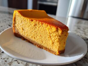 A thick slice of vibrant orange keto pumpkin cheesecake with a graham cracker crust on a white plate.