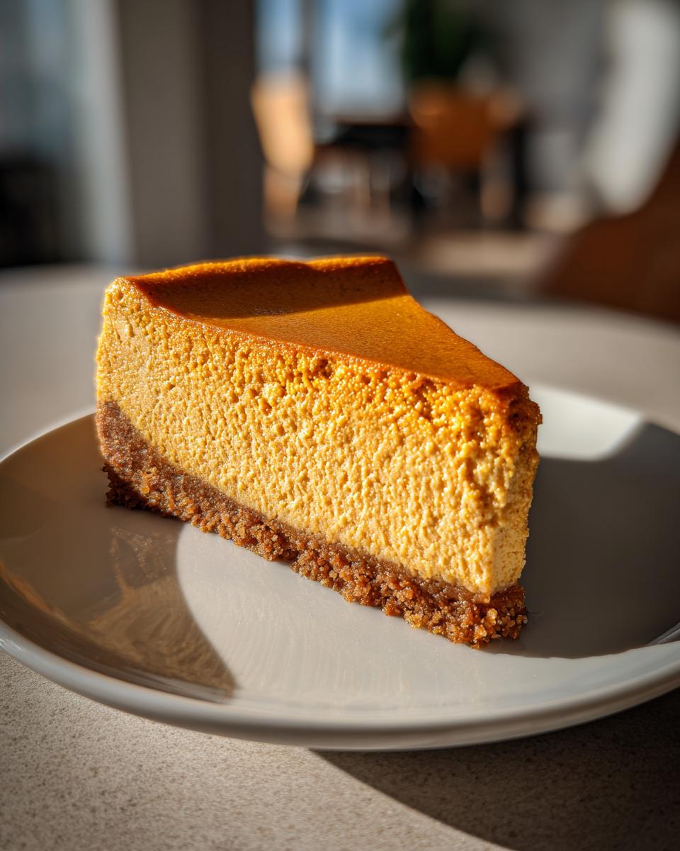 A close-up, sunlit slice of rich orange keto pumpkin cheesecake with a dark crust on a white plate.