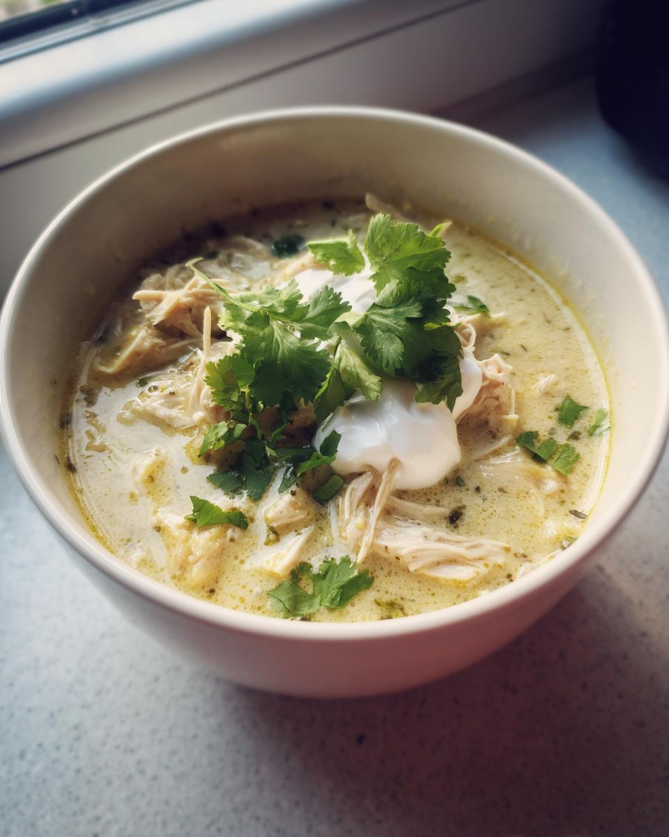 Close-up of a bowl of creamy keto white chicken chili topped with sour cream and fresh cilantro.