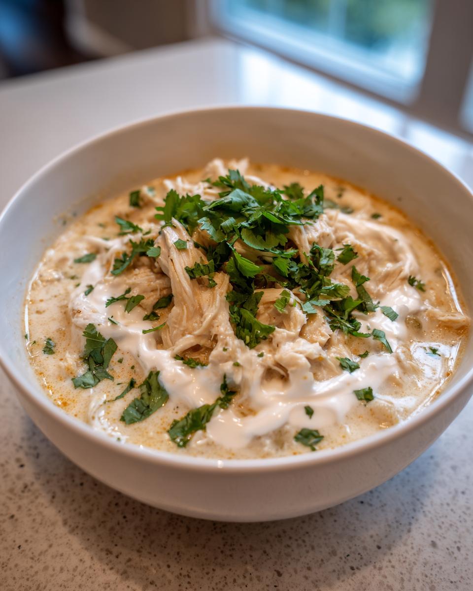 A close-up of a white bowl filled with creamy keto white chicken chili, topped with shredded chicken, sour cream, and fresh cilantro.