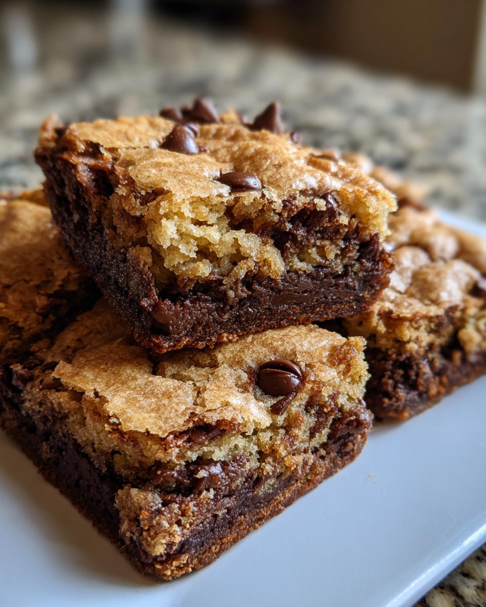 Close-up of stacked, fudgy chocolate and cookie dough cake mix cookie bars topped with chocolate chips.