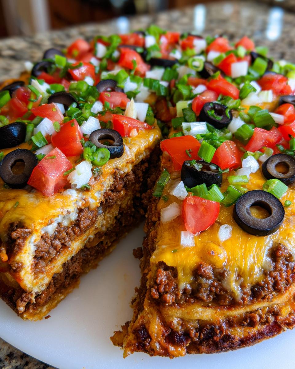 A slice removed from a layered Mexican pizza showing seasoned ground beef, cheese, and fresh toppings.