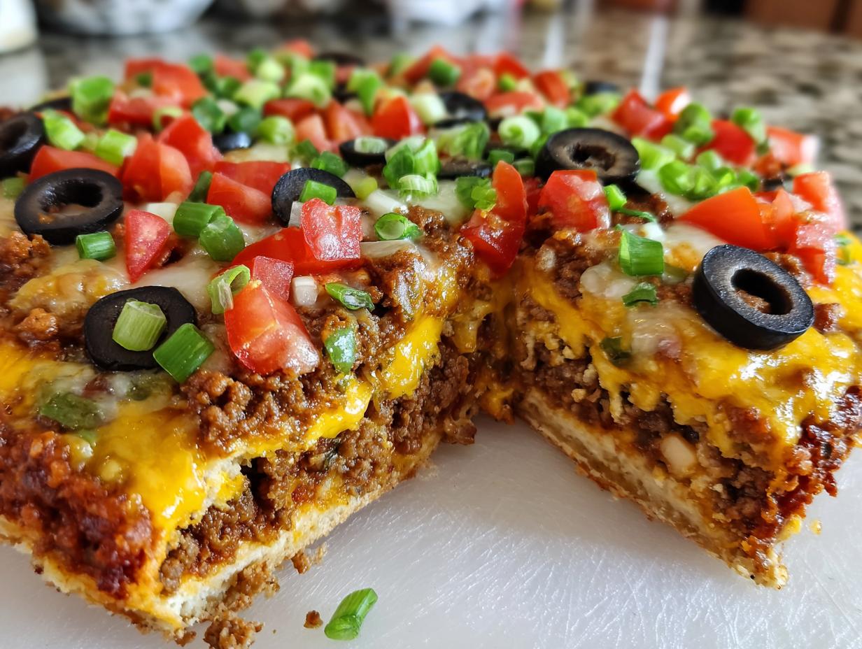 A thick slice of 10-layer Mexican pizza showing layers of seasoned beef, cheese, tomatoes, olives, and green onions.