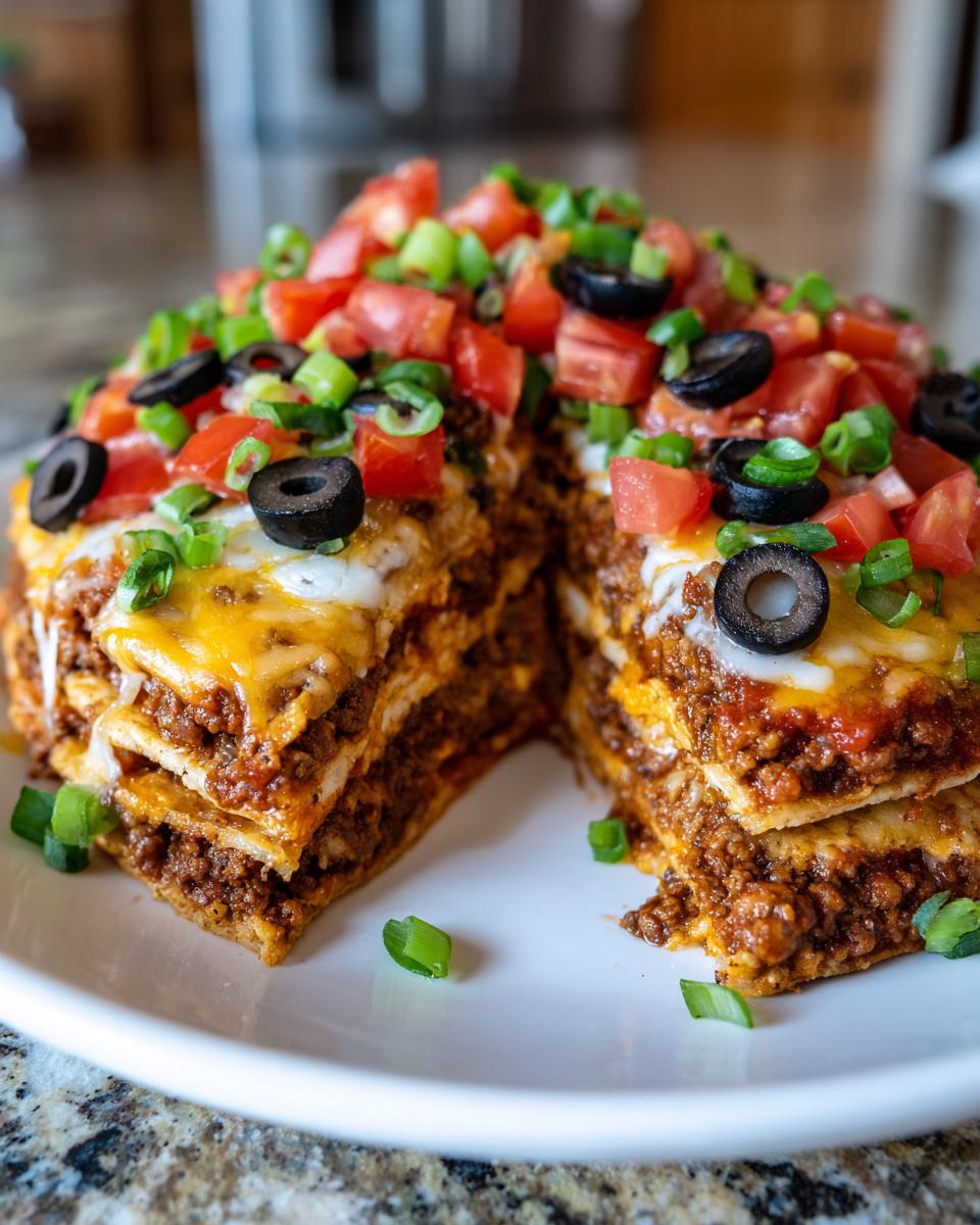 Cross-section view of a layered Mexican pizza showing ground beef filling, melted cheese, tomatoes, olives, and green onions.