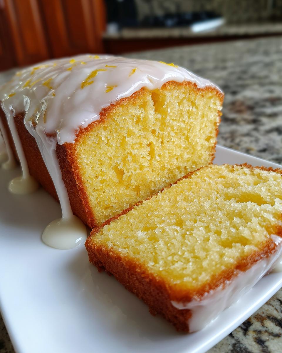 A close-up shot of a moist lemon pound cake, sliced, covered in white glaze and lemon zest.