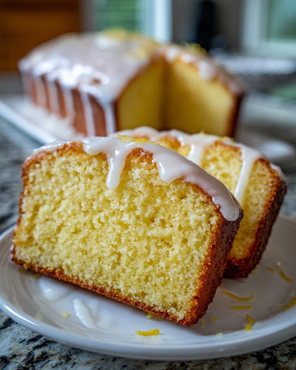 Two thick slices of moist lemon pound cake topped with a white glaze and lemon zest garnish.
