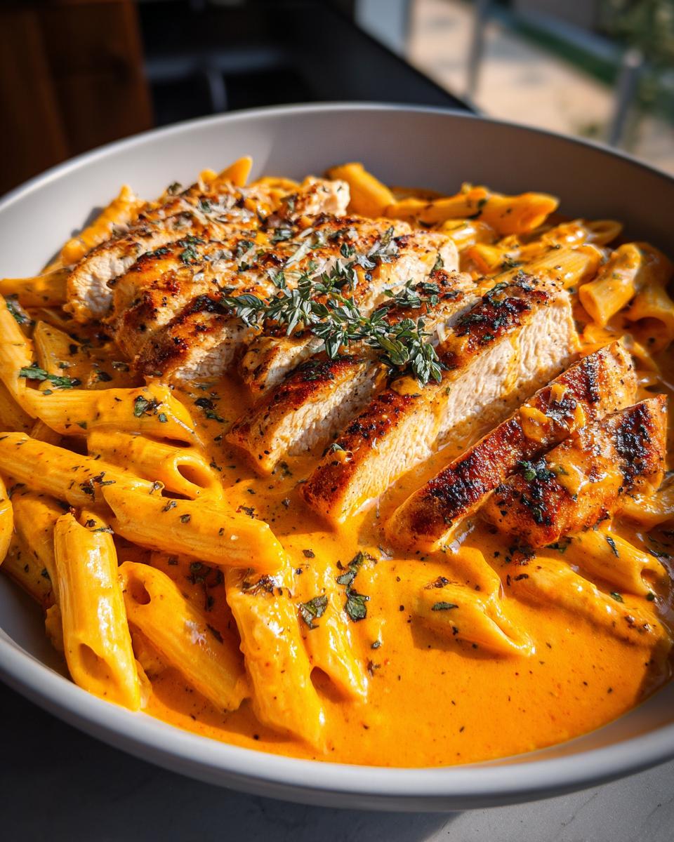 A bowl of creamy, orange-sauced marry me chicken pasta topped with sliced, grilled chicken breast and fresh herbs.