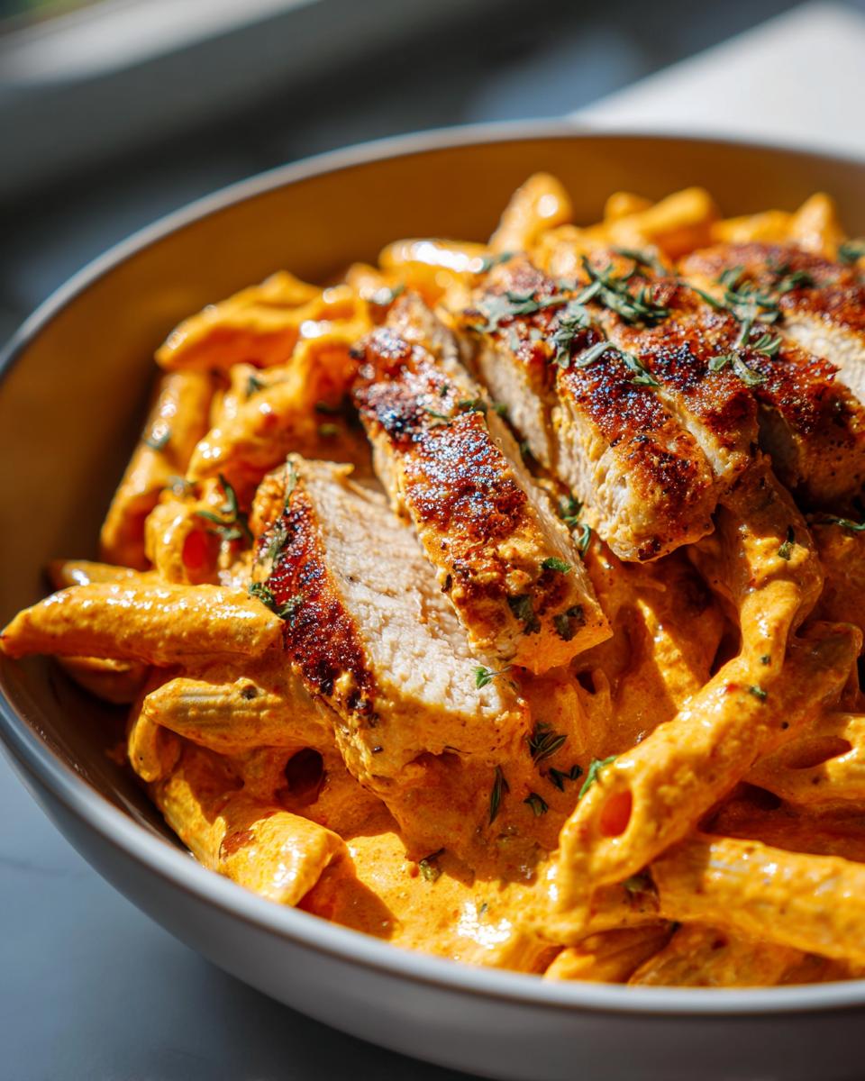Close-up of creamy marry me chicken pasta topped with perfectly seared and sliced chicken breast.