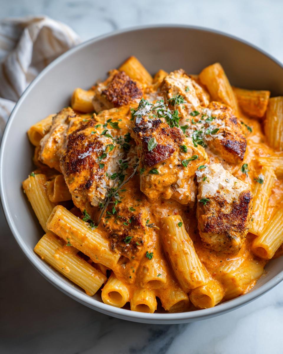 Close-up of rigatoni pasta coated in creamy tomato sauce with seared chicken pieces, garnished for Marry Me Chicken Pasta.