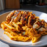 Close-up of creamy marry me chicken pasta featuring penne tubes coated in orange sauce and topped with sliced, seared chicken breast.