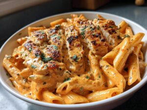 A close-up of Marry Me Chicken Pasta featuring penne noodles coated in a creamy sauce and topped with sliced, grilled chicken.