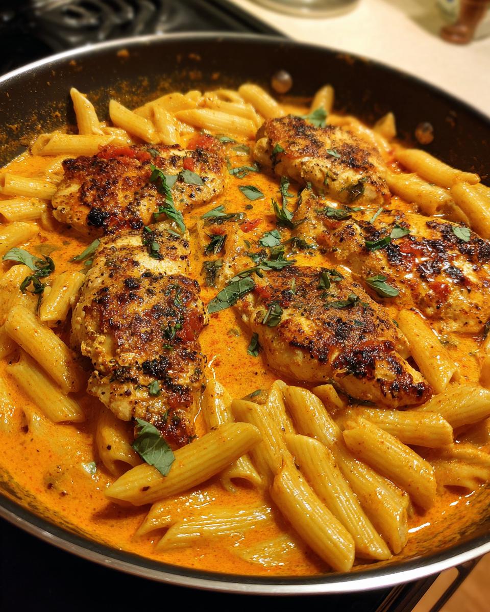 Close-up of pan-seared chicken breasts served over penne pasta in a creamy, rich sauce, the perfect marry me chicken pasta.