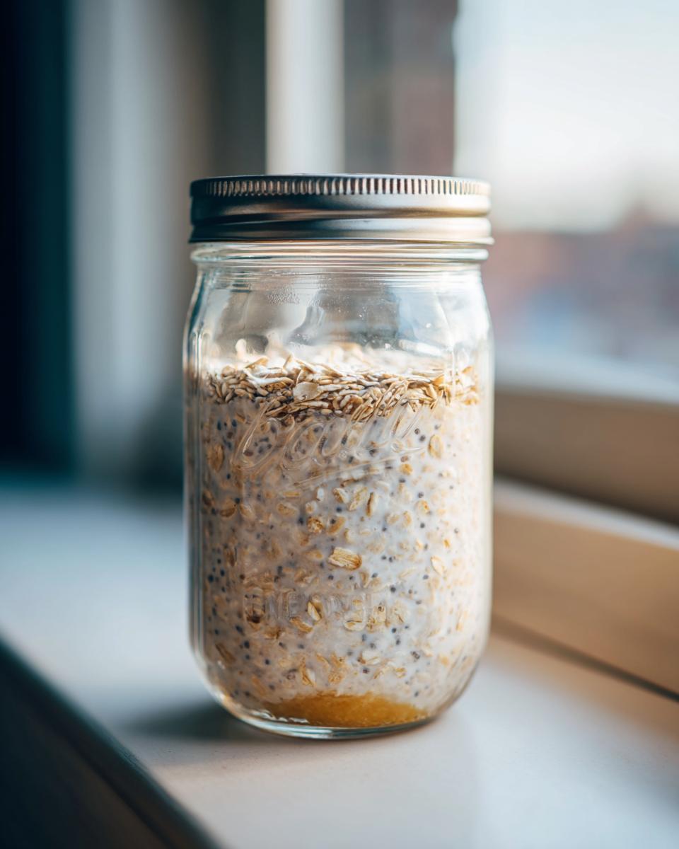 Close-up of overnight oats mixture with oats and chia seeds in a glass mason jar.