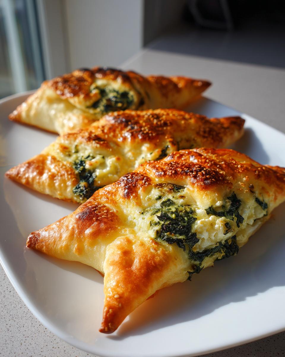 Three golden-brown Mediterranean Spinach and Feta Cheese Crisps arranged on a white plate.