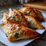 A stack of golden-brown, flaky Mediterranean Spinach and Feta Cheese Crisps on a white plate.