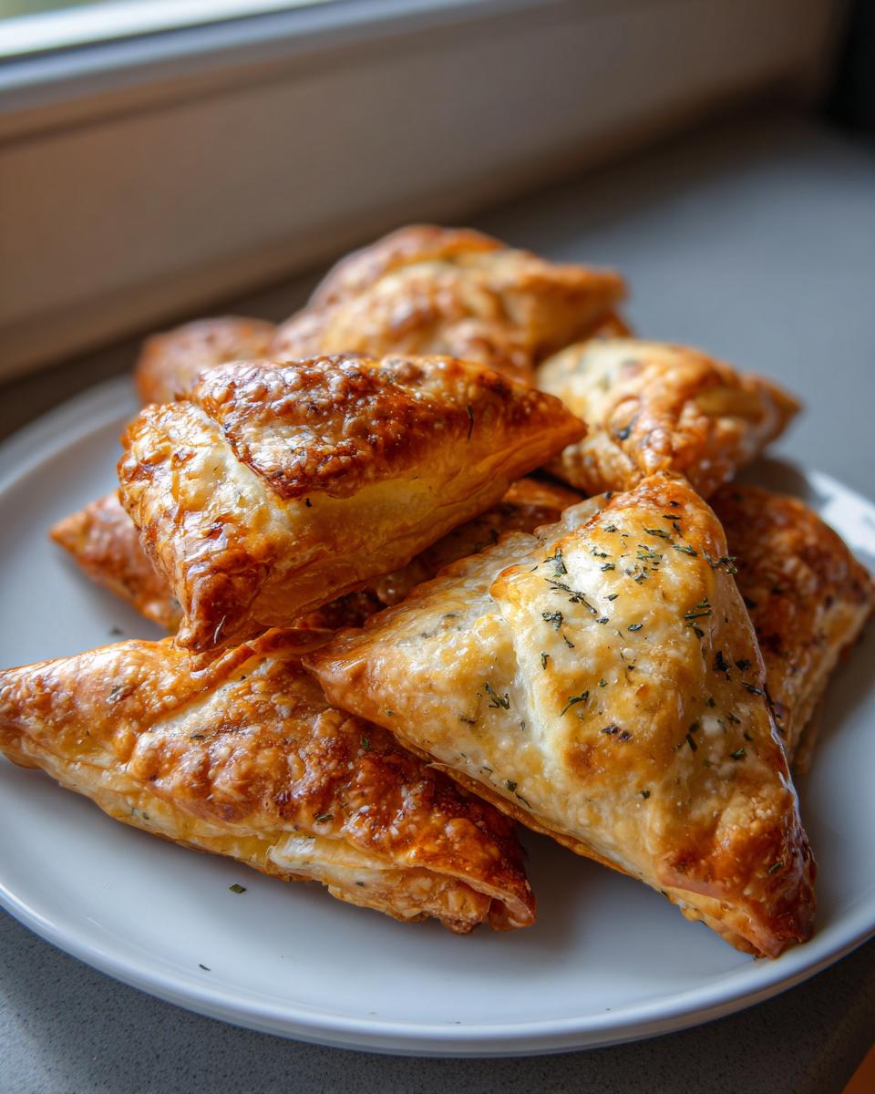 A pile of golden brown, flaky Mediterranean Spinach and Feta Cheese Crisps on a white plate.