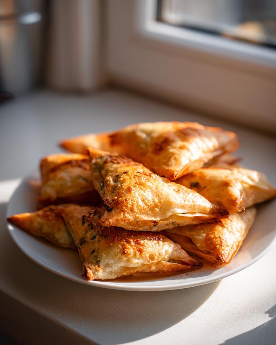 A pile of golden, flaky Mediterranean Spinach and Feta Cheese Crisps stacked on a white plate near a window.