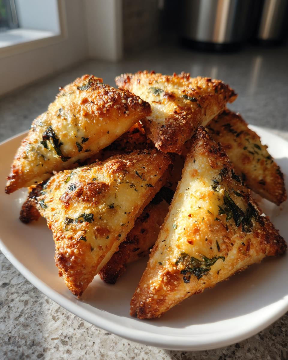 A stack of golden brown Mediterranean Spinach and Feta Cheese Crisps piled on a white plate.