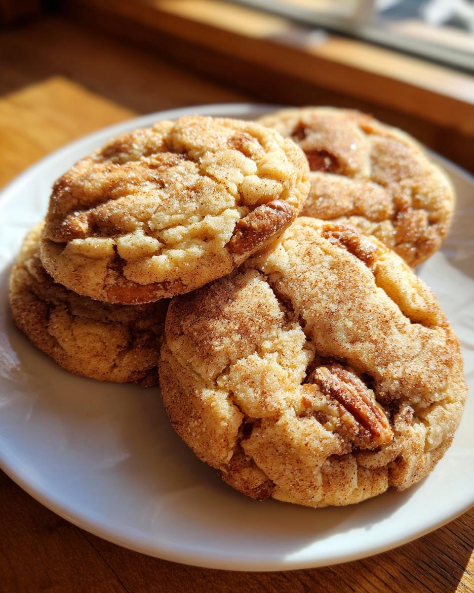 Close-up of several soft butter pecan cookies coated in cinnamon sugar, resting on a white plate.