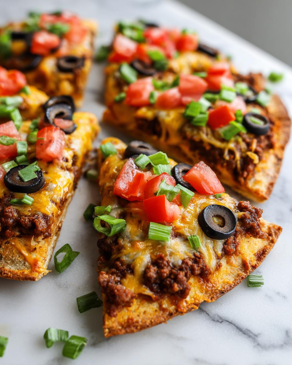 Close-up of several slices of Mexican pizza topped with seasoned ground beef, melted cheese, tomatoes, olives, and green onions.