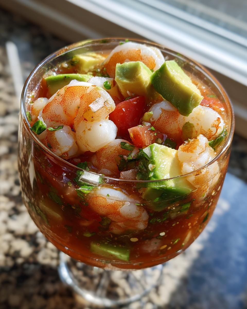 Close-up of a glass filled with vibrant mexican shrimp cocktail, featuring plump shrimp, avocado chunks, and tomato in a savory sauce.