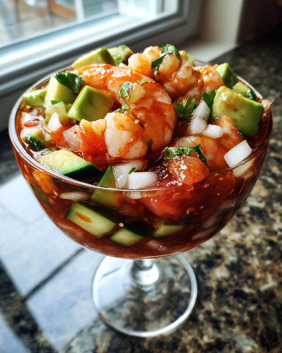 Close-up of a chilled mexican shrimp cocktail served in a stemmed glass with shrimp, avocado, onion, and cucumber.